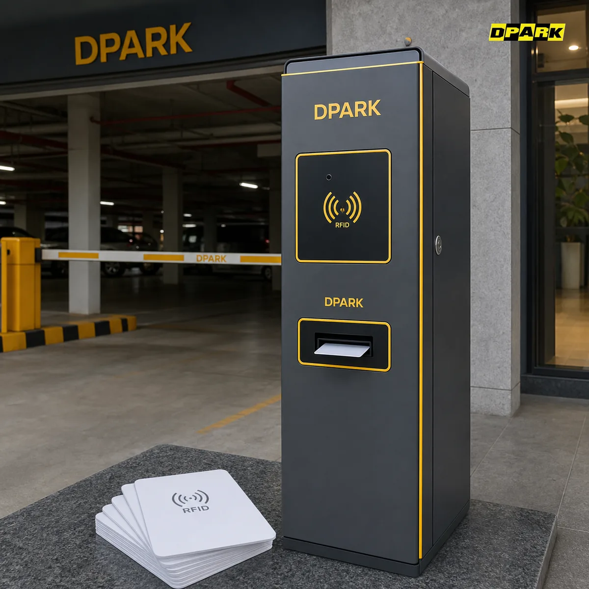 ตู้กดบัตร RFID DPARK CP-MC01 ที่ทางเข้าลานจอดรถอาคารสำนักงาน