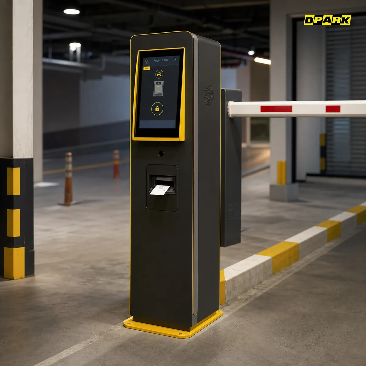 ตู้กดบัตรจอดรถ DPARK CP-MC09B ที่ทางเข้าลานจอดรถ พร้อมไม้กั้นรถ barrier gate