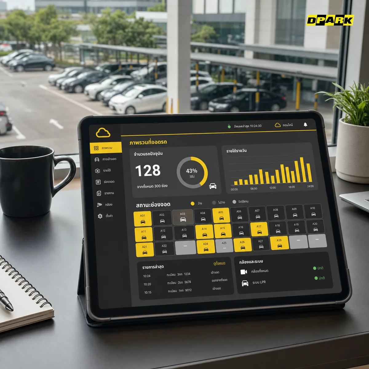 Dashboard Real-time ระบบคิดเงินลานจอดรถ DPARK OnCloud — ดูจากมือถือหรือแท็บเล็ตได้ทุกที่