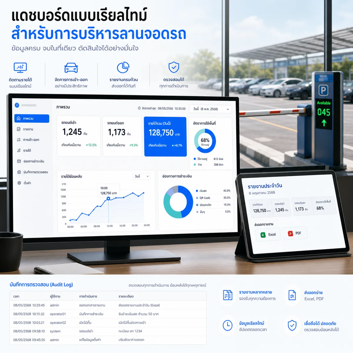 แดชบอร์ดแบบ Real-time ระบบคิดเงินลานจอดรถ DPARK — รายได้รวม จำนวนรถ รายงาน Export Excel
