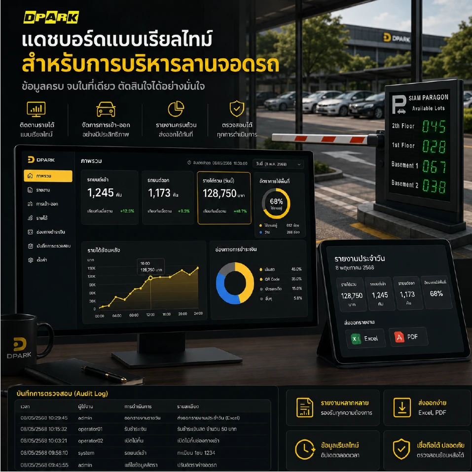 แดชบอร์ดแบบ Real-time ระบบคิดเงินลานจอดรถ DPARK — รายได้รวม จำนวนรถ รายงาน Export Excel