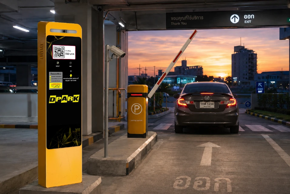 ระบบคิดเงินลานจอดรถ DPARK — ไม้กั้นรถยนต์พร้อมตู้คิดเงิน QR PromptPay และกล้อง LPR
