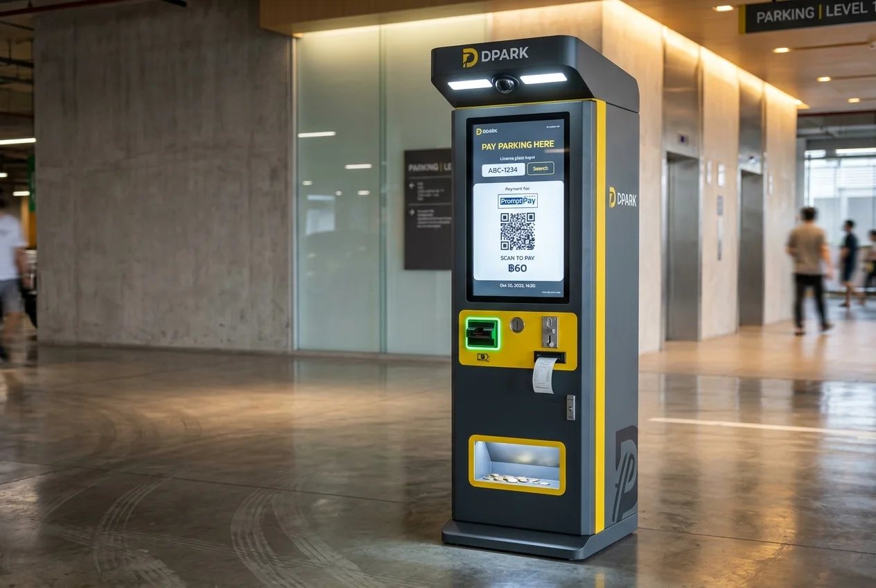 ระบบคิดเงินลานจอดรถ DPARK — ไม้กั้นรถยนต์พร้อมตู้คิดเงิน QR PromptPay และกล้อง LPR